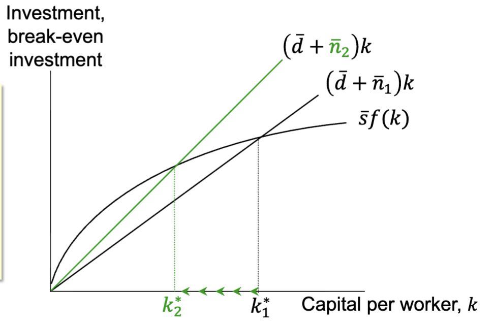 <p>Key points:</p><p>Break-even investment line rotates upward.</p><p>Steady-state capital per worker falls.</p><p>Steady-state output per worker falls.</p>