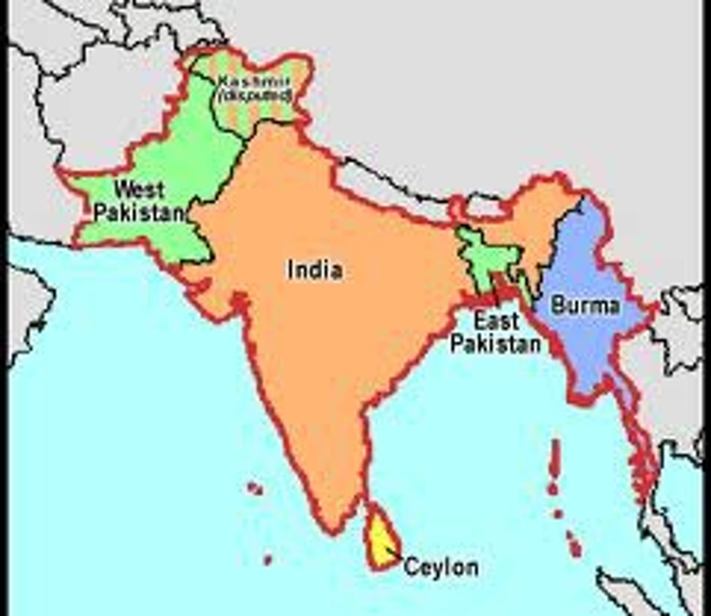 <p>The mass of land including India, Pakistan, Nepal, and Bangladesh.</p>