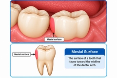 <p>The surface of a tooth that faces toward the midline of the dental arch.</p>