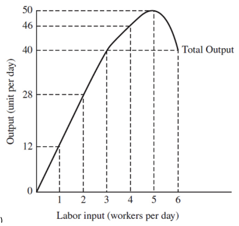 <p>According to the graph, the diminishing marginal returns first occur with the</p>