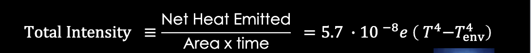 <p>T env = environment temperature in K (= 0 for stars)</p><p>e = emissivity of object (0 to1)</p>
