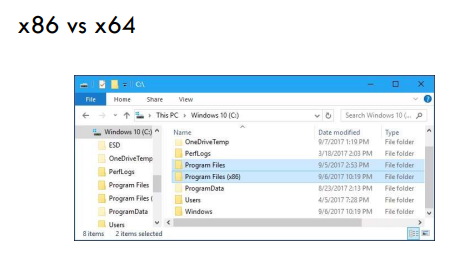 <ul><li><p>The term “x86” is generally used to denote any 16-bit or 32-bitarchitecture predating the 64-bit standard.</p></li><li><p>On the other hand “x64” is the standard notation for 64-bit releases.</p></li><li><p>The “Program Files (x86)” directory is thus reserved for applications using a 16-bit or 32-bit CPU.</p></li></ul><p></p><ul><li><p>Intel Pentium 4 (Released Year 2000) – 32bit</p></li><li><p>Intel Pentium D (Released Year 2005) – 64bit</p></li><li><p>AMD Ryzen 9 7950X AM5 (Released Year 2022) – 64bit</p></li></ul><p></p><ul><li><p>The bit rating of a CPU dictates the maximum size of internal registers that can be addressed by that same CPU.</p></li><li><p>Therefore a 64-bit CPU has registers that can store 64 bits of data, i.e. 2 64 = 18,446,744,073,709,551,616 addresses</p></li></ul><p></p>