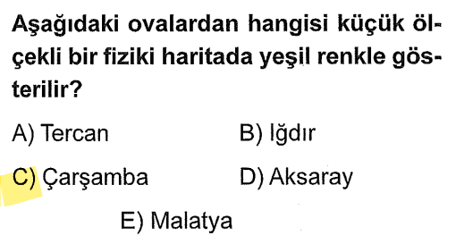 <p>Fiziki haritalarda renkler sadece <strong>yükseltiyi</strong> belirtir.</p><p>0 - 500 metre arası = <strong>Yeşil</strong> (Alçak yerler)</p><p><strong>Çarşamba Ovası</strong> bir kıyı/delta ovası olduğu için deniz seviyesindedir ve yeşildir.</p><p>Iğdır, Tercan, Malatya gibi ovalar doğuda olduğu için sarı veya kahverengi tonlarıyla gösterilir.</p>
