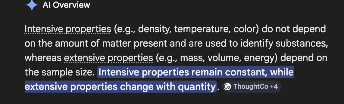 <p>Intensive properties do not depend on the amount of substance, whereas extensive properties do depend on the quantity. Examples include density (intensive) and mass (extensive). </p>