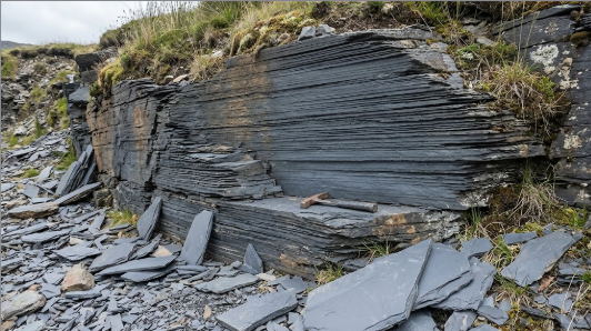 <p>What is the term/concepts being visualized in this image?</p><p>Definition: A very fine-grained, foliated metamorphic rock formed from shale or volcanic ash that splits cleanly along flat planes.</p>