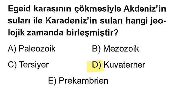 <p>Egeid karası çöktü, Ege Denizi oluştu, Çanakkale ve İstanbul boğazları açıldı ve böylece Karadeniz bir göl olmaktan çıkıp deniz haline gelerek Akdeniz ile birleşti. Bu olayların tamamı insanlığın da ortaya çıktığı IV. Zamanda yaşandı.</p>