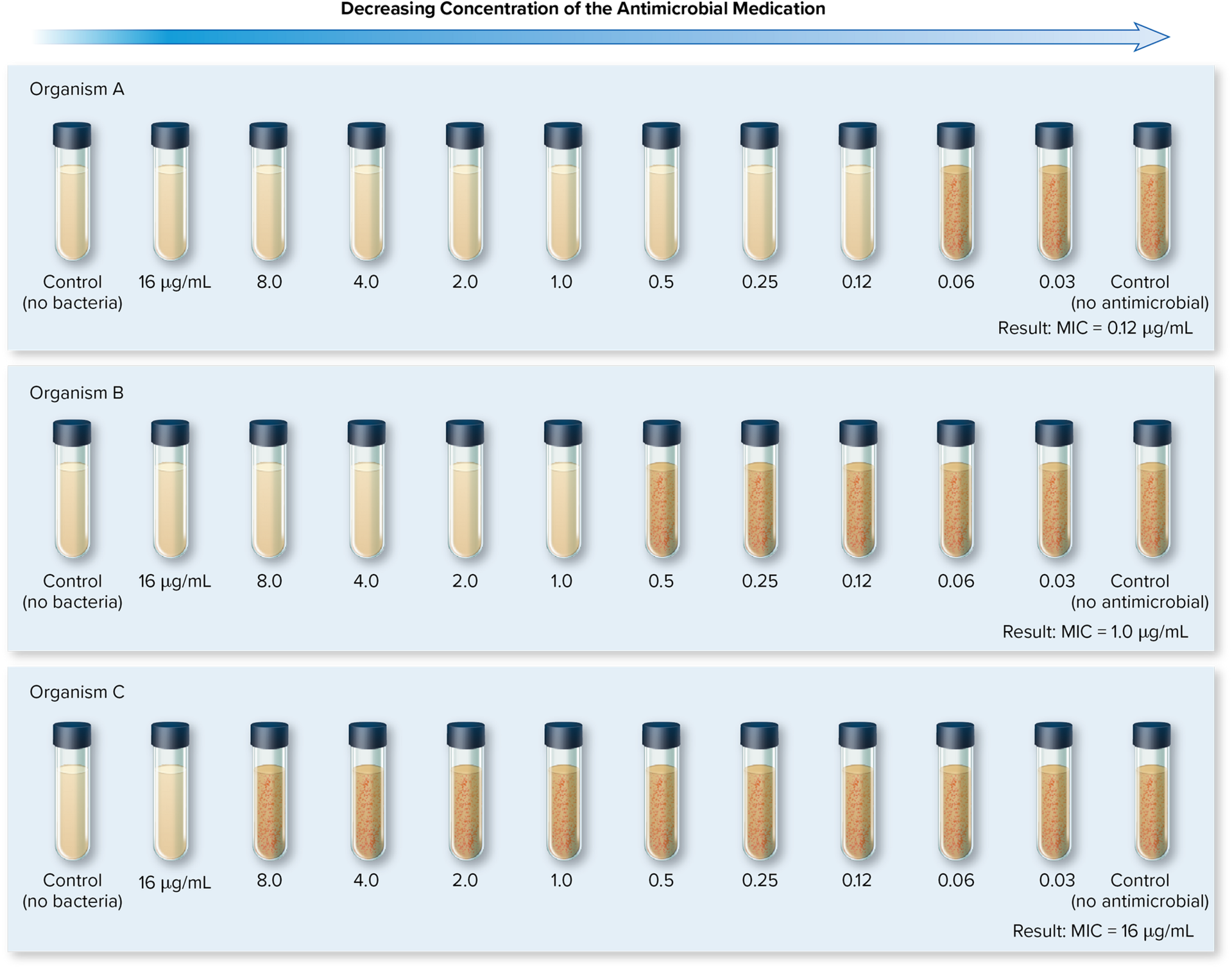 <p><mark data-color="yellow" style="background-color: yellow; color: inherit;">Susceptibility test where you do a serial dilution of antibiotic and add bacteria</mark></p><p>» measures growth (brown in image) by turbidity</p><p><mark data-color="purple" style="background-color: purple; color: inherit;">» </mark><strong><mark data-color="purple" style="background-color: purple; color: inherit;">MIC</mark></strong><mark data-color="purple" style="background-color: purple; color: inherit;"> </mark><mark data-color="yellow" style="background-color: yellow; color: inherit;">= lowest conc. that prevents growth</mark> (yellow tube closest to the brown tube/tube with growth) </p>