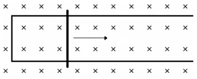 <p><strong>a conducting rod moves horizontally on a set of conducting rails at a constant velocity through a magnetic field below.</strong></p>