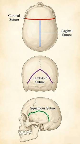<p>A narrow slit-like opening in a bone (or between separate bones) that typically allows blood vessels and nerves to pass through.</p><ul><li><p>Ex: Coronal Suture, Squamous Suture, Lambdoid Suture</p></li></ul><p></p>