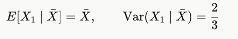 <p>General pattern for n i.i.d. N(0,1): Var(X₁ | X̄) = 1 − 1/n.</p>