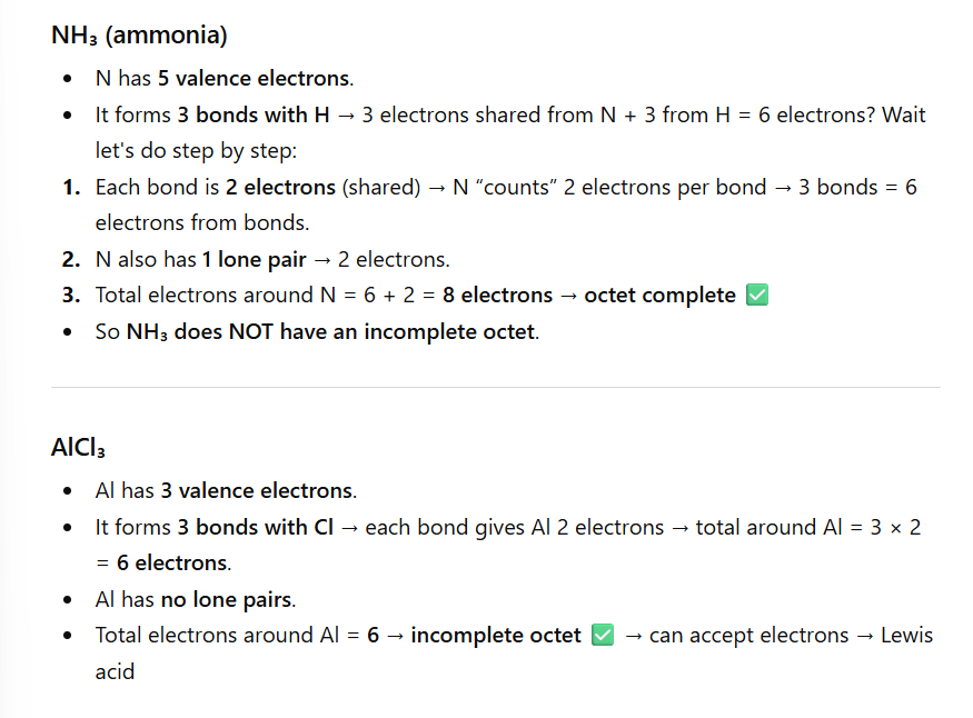 <p>positive charge</p><p>incomplete octet - </p><p>Check for a periodic table if we’re gonna get one on the exam, because the image explains it pretty clearly based on valence electrons, but you need a periodic table to know that.</p><p></p><p></p>