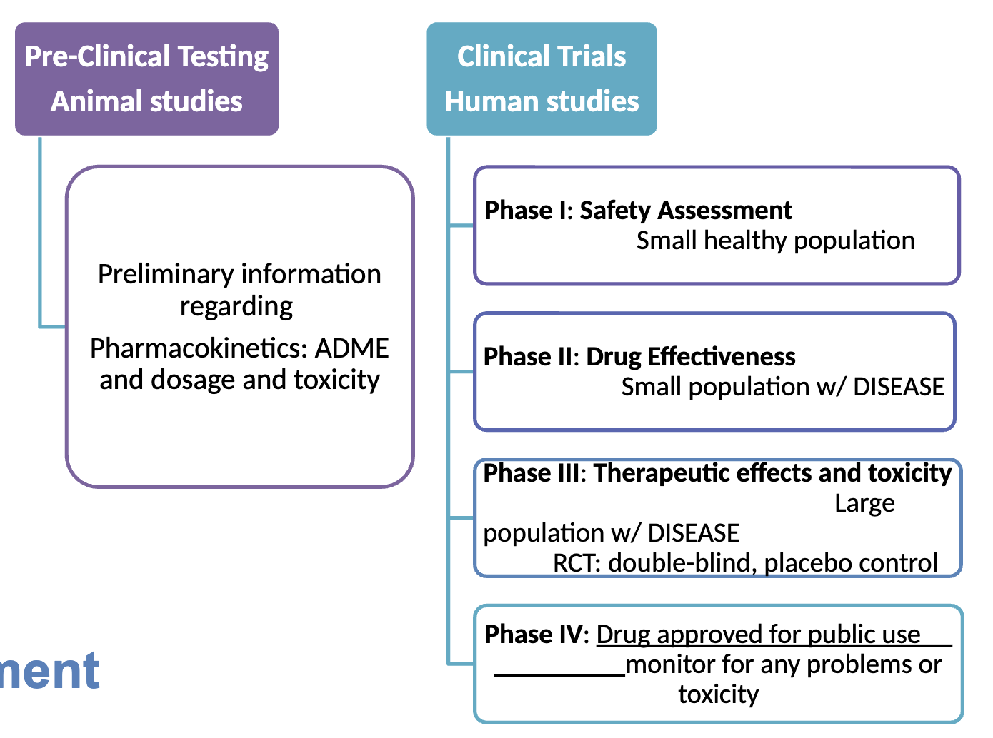 <p><span><u>Pre-Clinical Testing: </u><strong>Animal studies</strong></span></p><p><span>-Preliminary information regarding</span></p><p><span>-Pharmacokinetics: ADME and dosage and toxicity</span></p><p><span><u>Clinical Trials: </u><strong>Human studies</strong></span></p><p>-<strong>Phase I</strong>: <strong>Safety Assessment: </strong>Small healthy population</p><p>*ex=asthma med given to those without asthma</p><p>-<strong>Phase II</strong>: <strong>Drug Effectiveness: </strong>Small population w/ DISEASE</p><p>-<strong>Phase III</strong>: <strong>Therapeutic effects and toxicity: </strong>Large population w/ DISEASE&nbsp;+ RCT: double-blind, placebo control</p><p>-<strong>Phase IV</strong>: <u>Drug approved for public use; </u>monitor for any problems or toxicity</p><p>*if problems take out of public</p>