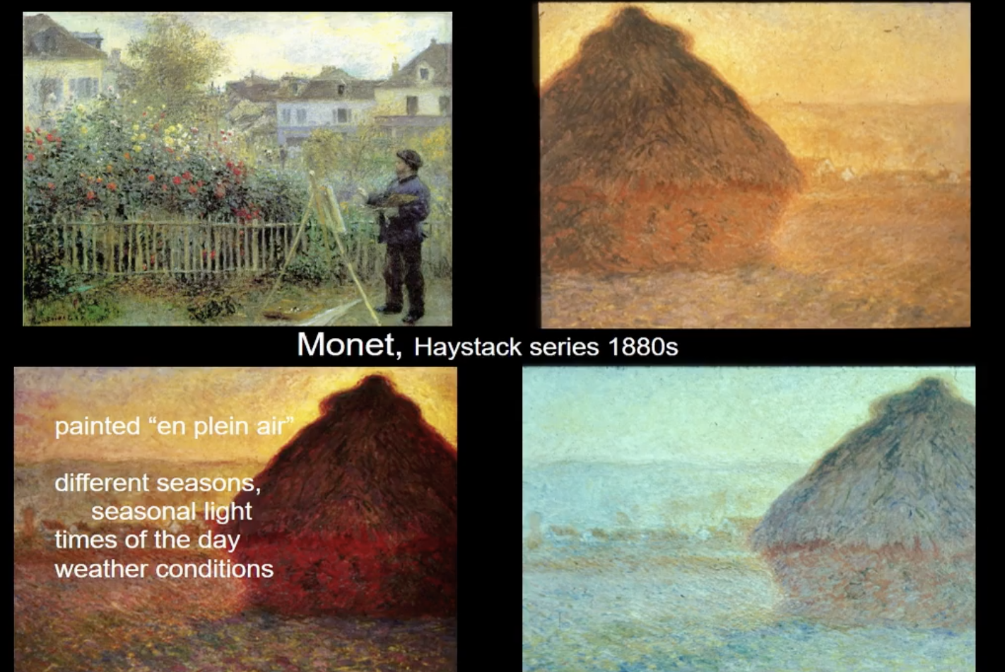<p>painted "en plein air<br><br>different seasons,<br>seasonal light<br>times of the day<br>weather conditions<br><br>"Not things"<br>"Light reflections"<br><br>Accurate "Color Science"<br>Detail:<br>Homogeneous brushtrokes used:<br>- Painterly brushstroke, same size and shape<br>- contiguius color: paint applies adjacent next to each other<br>On the surface: "of light"<br><br>"law of shadows"<br>- shadows are not colorless, but are the refracted color of the light gathering in the borders/boundaries = shadows<br>- the complement (complementary contrasts) and primary<br><br>Seasons, time of day, weather..</p><img src="https://assets.knowt.com/user-attachments/bfa0e6e5-fa29-4f5e-b57a-922d8a646bf9.png" data-width="100%" data-align="center"><p></p>