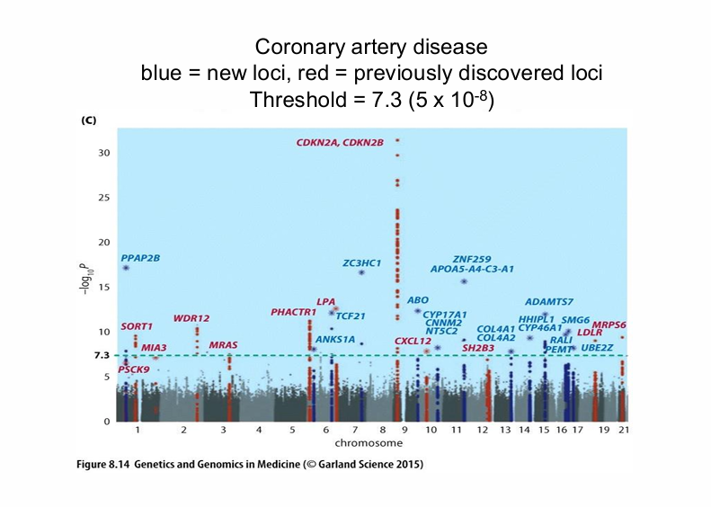 <p>What genome-wide significance threshold was shown for the coronary artery disease Manhattan plot?</p>