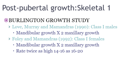 <ul><li><p>Skeletal 1 - mandibular growth x2 maxillary growth post pubertal period</p></li><li><p>rate of growth diminishing with age?</p></li></ul><p></p>