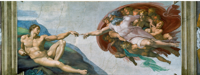 <p>Michelangelo, Sistine Ceiling, fresco, 1508-12, Vatican, Rome</p><p>-This scene shows the moment God gives life to Adam. The gap between fingers symbolizes the spark of life and new vision of thinking </p><p>-Muscles and posture show deep anatomical knowledge</p><p>-human potential and divine connection</p>