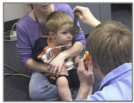 <p>Use a large bright object moved slowly 1–2 feet from the patient, test monocularly, and record the result as F&F.</p>
