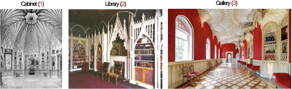 <p>romantische neogotiek early gothic revival</p><p>Strawberry Hill</p><p>midden 18de E tot late 18de E</p><p>Twickenham </p>