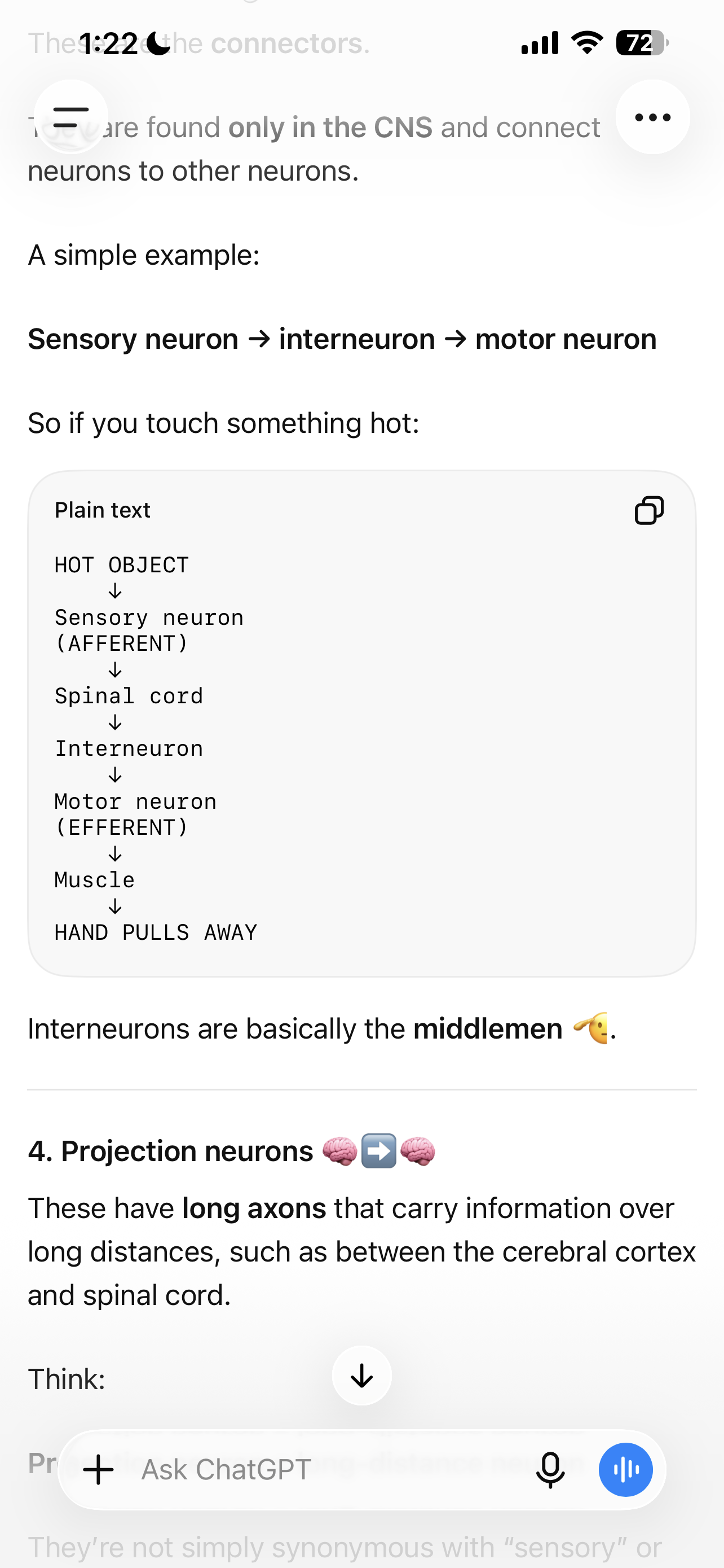 <p>reside <strong>ONLY in the CNS</strong>, interconnect neurons w/ other neurons</p><p>“middlemen”</p><ul><li><p>Ex) sensory neuron —> interneuron —> motor neuron</p></li></ul><p></p>