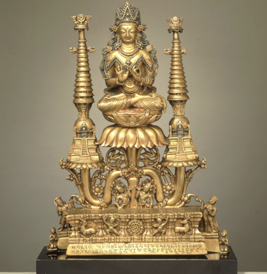 <ul><li><p><span style="background-color: transparent;">Bottom layer: wheel of dharma + deers = Budhas first sermon at Sarnath</span></p></li><li><p><span style="background-color: transparent;">Second Layer: lotus + nagas + stupas = Buddha’s multiplication miracle</span></p><ul><li><p><span style="background-color: transparent;">Different stupas = different Buddhas?</span></p><ul><li><p><span style="background-color: transparent;">Staircases on all four sides</span></p></li></ul></li></ul></li><li><p><span style="background-color: transparent;">Representations of donors on either side</span></p></li><li><p><span style="background-color: transparent;">Crowned, adorned</span></p><ul><li><p><span style="background-color: transparent;">Signaling of different (cosmic) level of the Buddhahood</span></p></li><li><p><span style="background-color: transparent;">Potentially develops out of ritual adornment of such Buddha figures</span></p></li></ul></li><li><p><span style="background-color: transparent;">Cosmic Buddha body associated with Akanistha heaven </span></p><ul><li><p><span style="background-color: transparent;">“Enjoyment-body”</span></p></li></ul></li></ul><p></p>