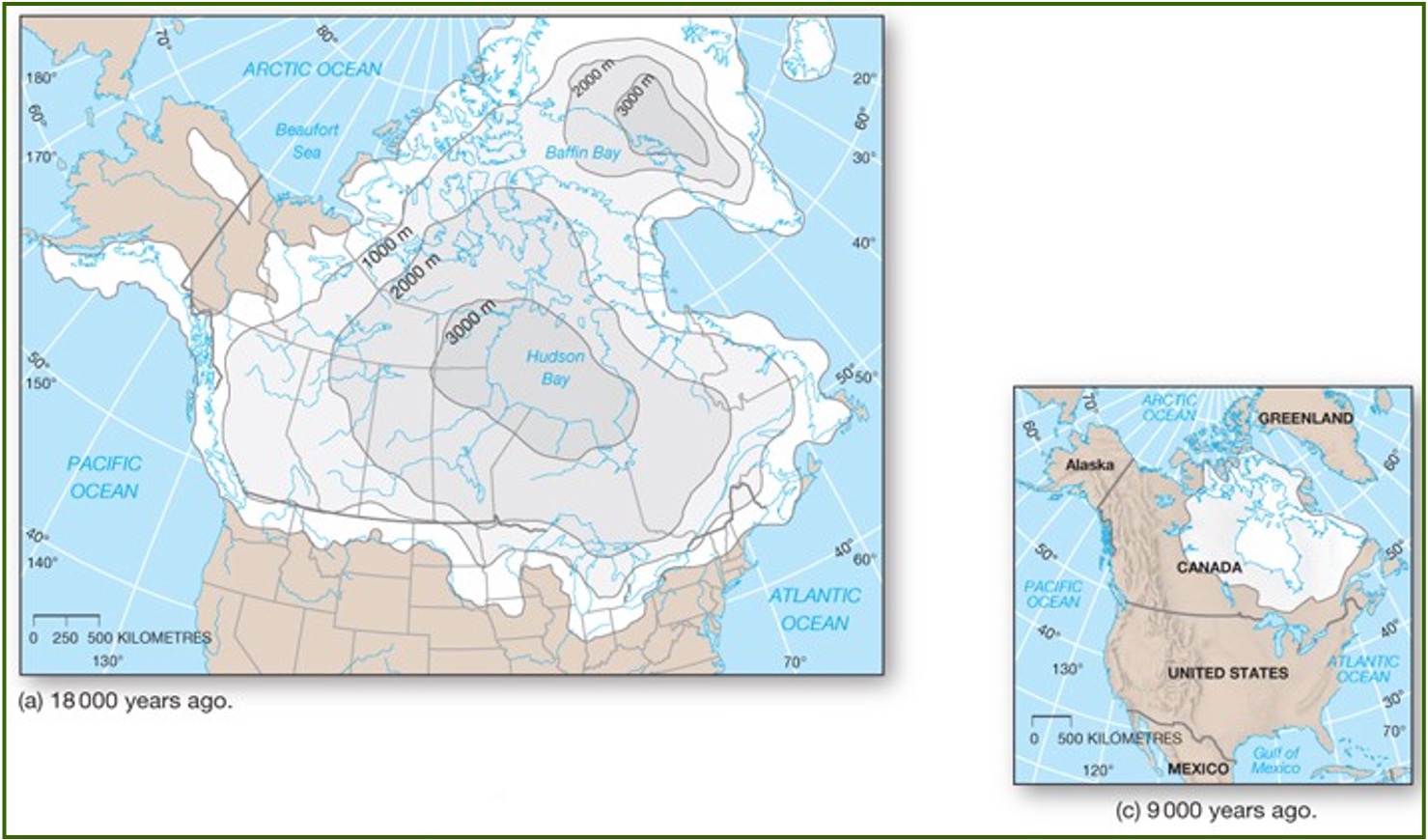 <p>An ice sheet that covered most of Canada and the Northern United States; altered the landscape by creating major rivers and forming the great lakes. </p><p>It completely melted 5000 years ago</p>