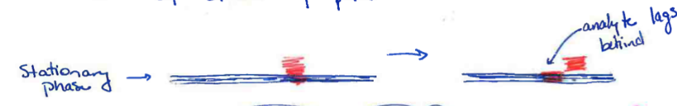 <p>Mass transfer: Some analyte lags behind when interacting w/ stationary phase</p>