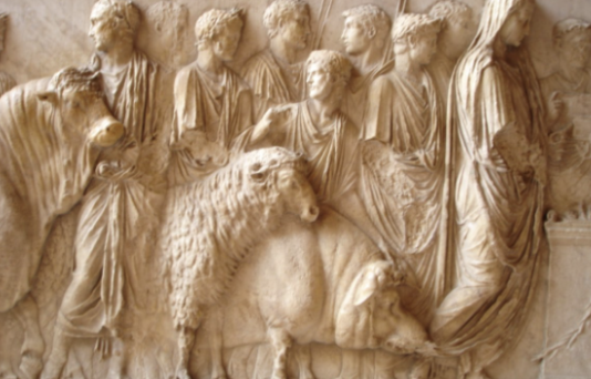 <ul><li><p><span style="background-color: transparent;">From very beginning of reign of Tiberius</span></p></li><li><p><span style="background-color: transparent;">Refers to three sacrificial animals</span></p></li><li><p><span style="background-color: transparent;">Altar representing a sacrifice on Palatine hill in front of house of Augustus</span></p></li><li><p><span style="background-color: transparent;">Augustus and Tiberius shown with hands covered as Pontius Maximus&nbsp;</span></p></li><li><p><span style="background-color: transparent;">Similar to relief at Augsutian house, very classical style of Greek frieze&nbsp;</span></p></li><li><p><span style="background-color: transparent;">Different depths of relief, people closest to foreground is higher in relief&nbsp;</span></p></li><li><p><span style="background-color: transparent;">Poses are convincing and organically coherent&nbsp;</span></p></li></ul><p></p>