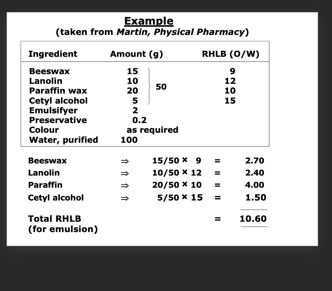 <p>How is the overall RHLB of an emulsion calculated? Example </p>