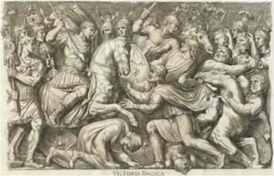 <p>Great Trajanic frieze (c. AD 107, Rome, spolia on Arch of Constantine AD 315, E &amp; W sides of attic, inside archway. Scenes from Dacian wars, Romans trampling Dacians on horseback, Trajan-Constantine wreathed by victory, mounted, cuirassed, highlights militaristic aspect of campaign, cf. Trajan’s column)</p>