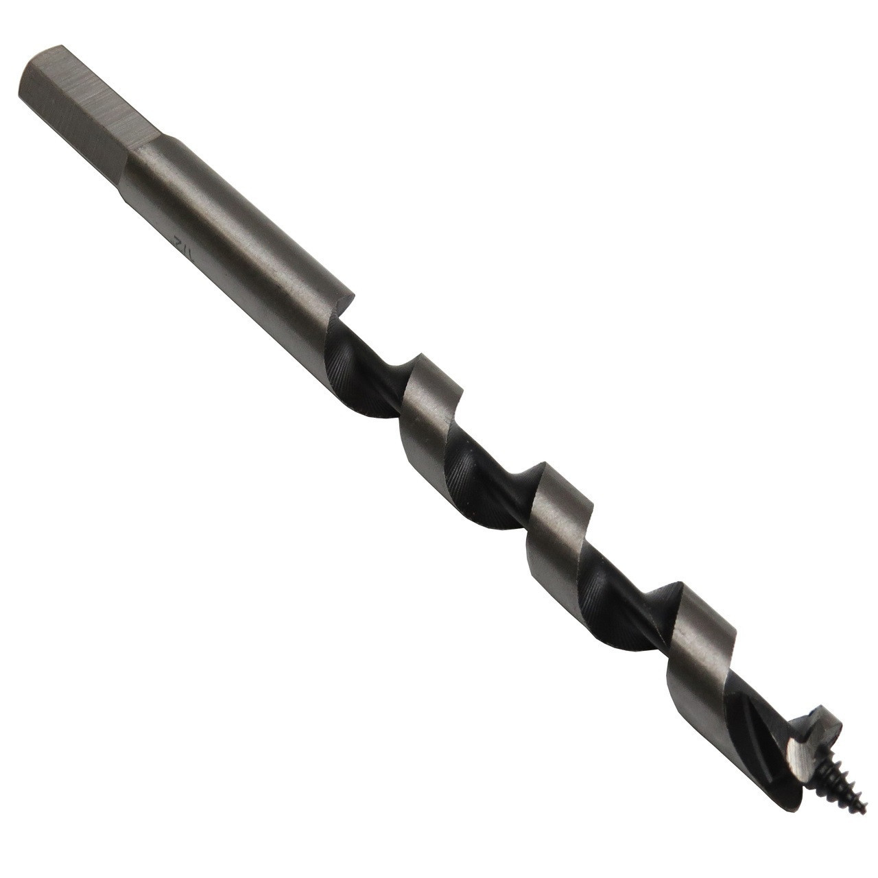 <p>Drill bit with a screw-like tip and straight round shank, used in power drills for fast, deep wood boring.</p>