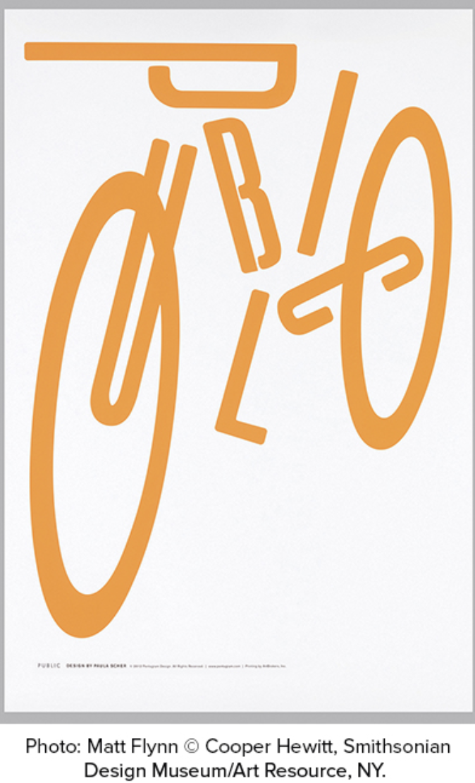 <p>How is the viwer able to reconigze what Paula Scher is representing in her poster for the Bycyle company, public?</p>