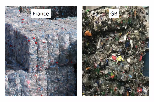 <ul><li><p>France has bottle return system “statiegeld” which Great Britain does not</p></li><li><p>Therefore in France it is well separated and GB contains a lot of other waste too</p></li></ul><p></p>