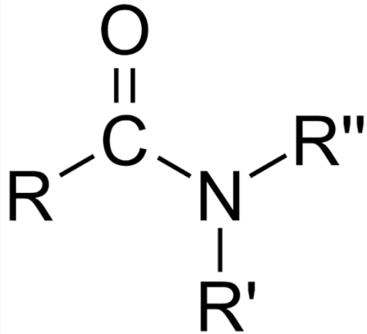 <p>contains an N atom connected to the C of a carbonyl group (C=O)</p>