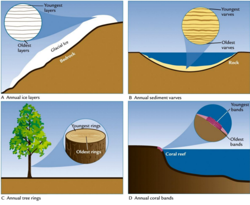 <p>Sediment e.g., from lakes, ice, tree rings, oceans (deeper the better, well preserved) and corals (calcium carbonate banding)</p><p>Pollen can give an idea of the species living in the area, and give an idea of the climate based on what is needed to support the species</p>