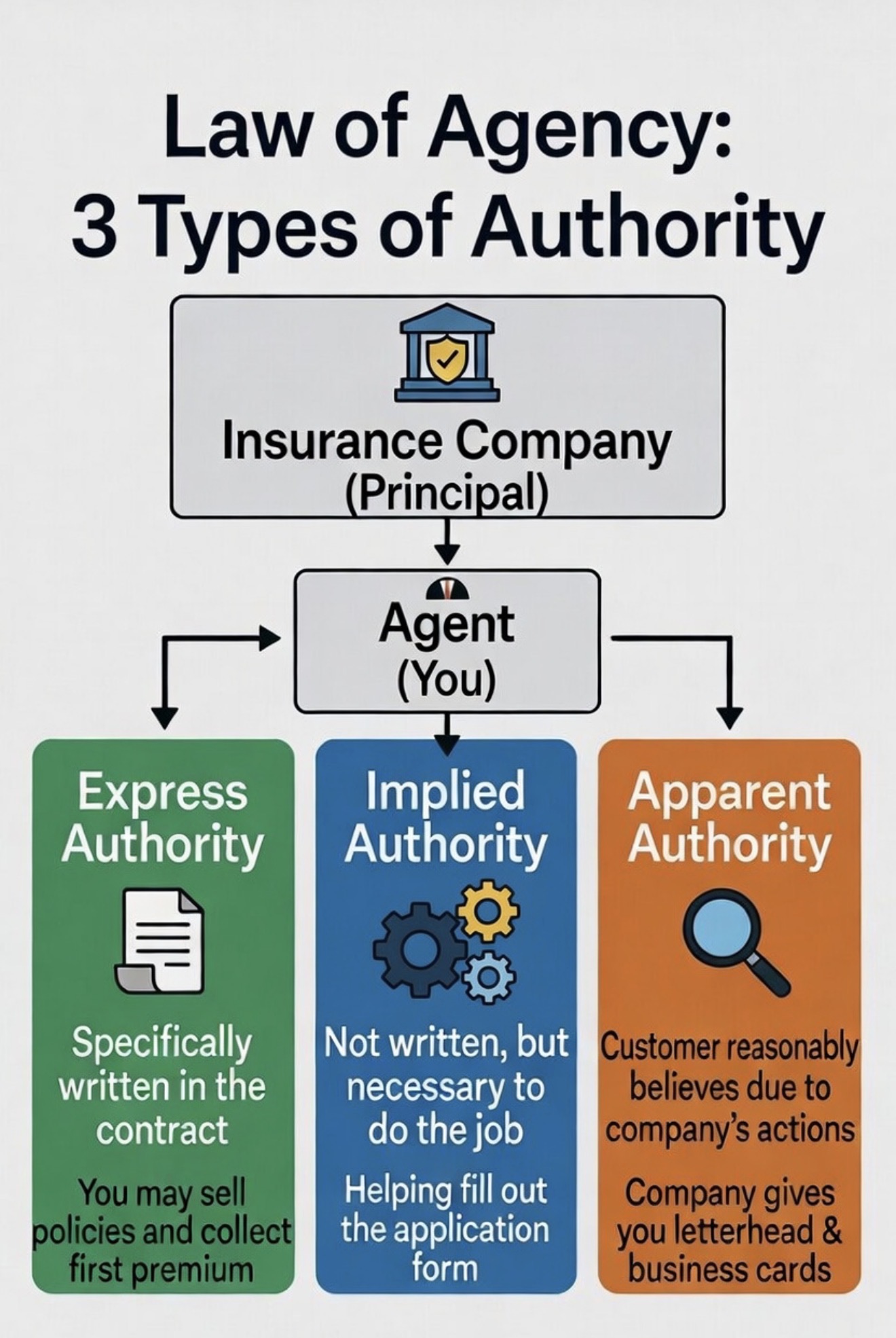 <p><span>• Express = </span><strong><span>Written</span></strong><span> in the contract</span></p><p><span>• Implied = </span><strong><span>Necessary</span></strong><span> to do the job</span></p><p><span>• Apparent = </span><strong><span>Looks like it</span></strong><span> to the customer (because of what the company did)</span></p>