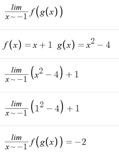 <ol><li><p>find the composite function</p></li><li><p>take the limit of the composite function</p></li></ol><p></p>