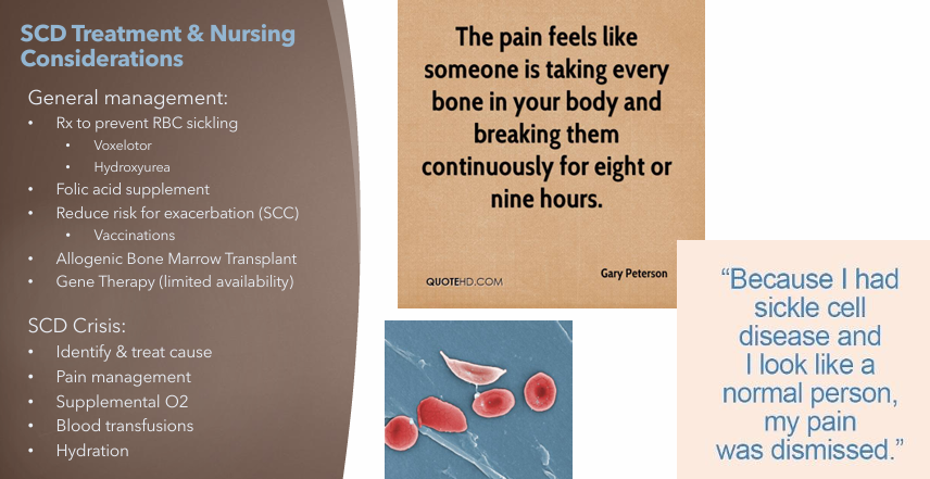 <p>SCD Crisis Management</p><ul><li><p>Identify and treat cause</p></li><li><p>Pain management</p></li><li><p>Supplemental O2</p></li><li><p>Blood transfusions</p></li><li><p>Hydration</p></li></ul><p></p>
