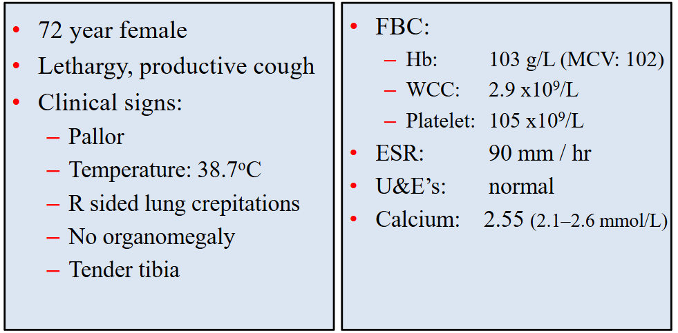 <p>- we can see mild anaemia</p><p>- leucopenia</p><p>- thrombocytopenia</p><p>- ESR is high (normal range is no more than 25)</p>