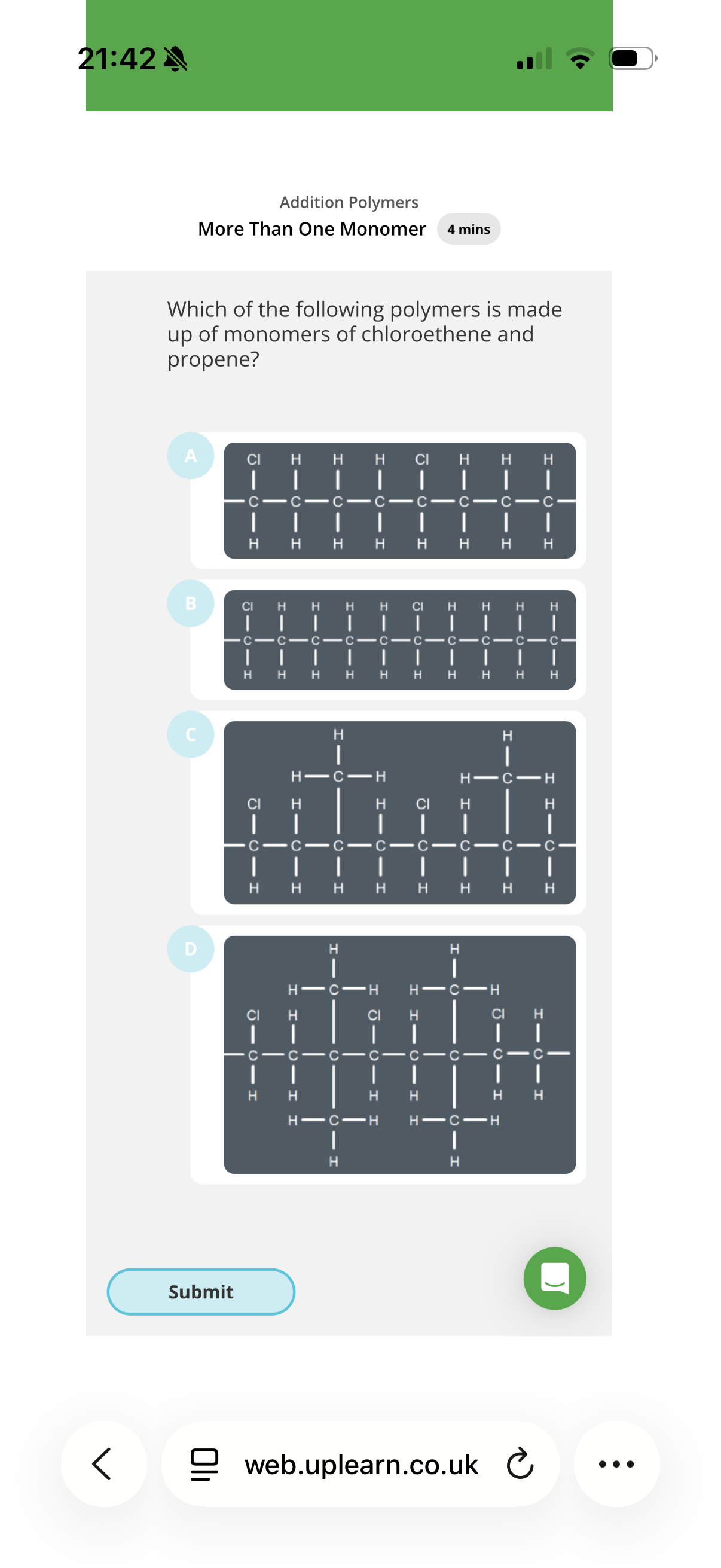 <ol><li><p>Answer image q?</p><p>note: the monomers that make up this polymer don’t always align in this simple manner e.g. the chlorethenes could be aligned next to eachother etc.</p><p>Hint: Split up the main polymer chain into pairs of carbons and check the substituents. Then see if each pair has the same substituents. If they don’t, see if the chain is made up of two monomers.</p></li></ol><p></p>