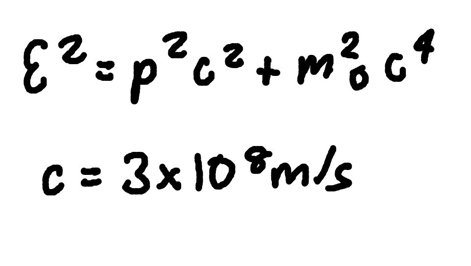 <p>Where</p><p>E = total energy</p><p>p = relativistic momentum</p><p>c = speed of light (3 × 10^8 m/s) </p><p>m0 = rest mass</p>