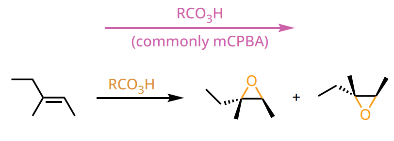 <p>forms epoxide (3-membered ring with O)</p><ul><li><p>both enantiomers formed</p></li></ul><p>if chiral center created</p><p>reagent: RCO<sub>3</sub>H (ex: mCPBA)</p><p></p>