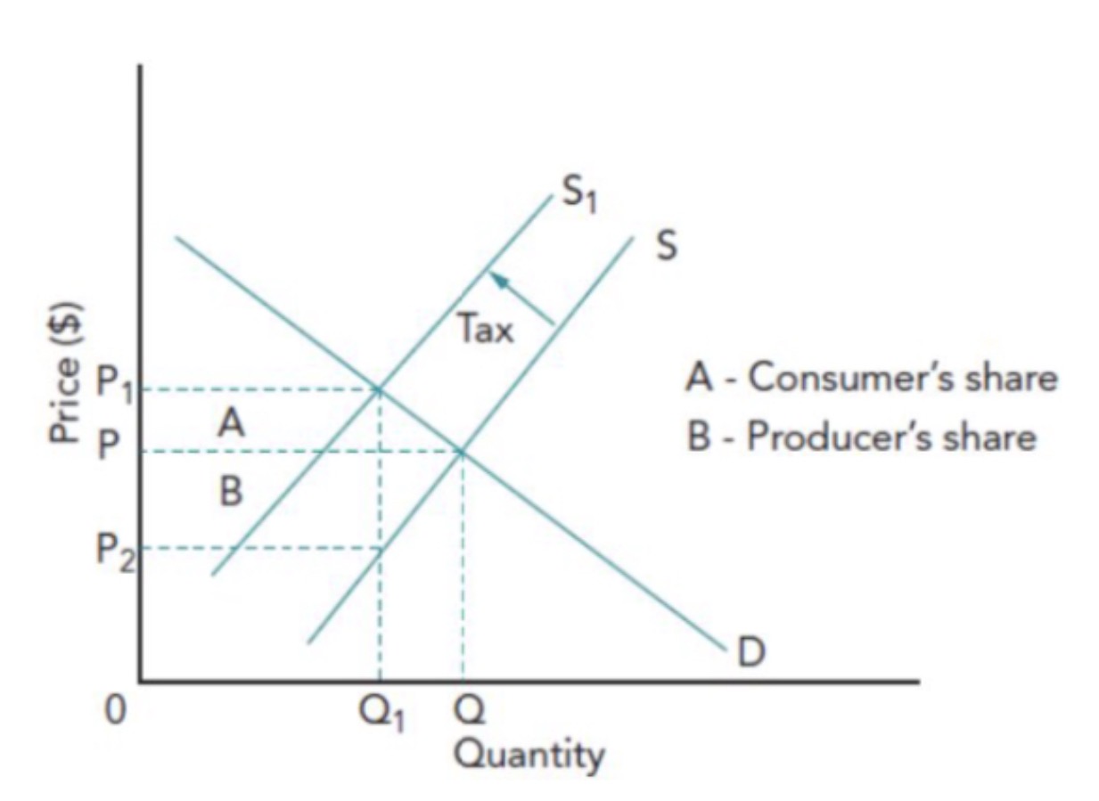<p><span><span>the extent to which the tax burden is borne by the producer or the consumer or both</span></span></p><ul><li><p><span><span>In the diagram, the producer bears a slightly higher burden than the consumer - shown as area B is greater than area A</span></span></p></li><li><p><span><span>The producer now receives a lower price at P2</span></span></p></li><li><p><span><span>The consumer now pays a higher price at P1</span></span></p></li><li><p><span><span>The overall tax revenue to the government is the area A+B</span></span></p></li></ul><p></p>