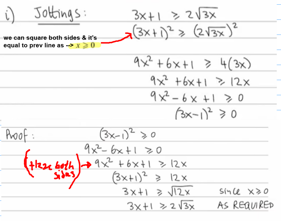 <p>Exam tip: <br>for proof sums, just start by doing something, like jottings.<br><br>→ In mathematics, "jottings" in a proof are<u> </u><strong><u><mark data-color="rgba(0, 0, 0, 0)" style="background-color: rgba(0, 0, 0, 0); color: inherit;">informal, scratch-pad calculations </mark></u><mark data-color="rgba(0, 0, 0, 0)" style="background-color: rgba(0, 0, 0, 0); color: inherit;">to </mark><u>plan the structure of a proof</u></strong> before writing the final answer<br><br>→<strong><u> jottings help bridge the gap between understanding a problem</u></strong> and constructing steps to the answer.</p>