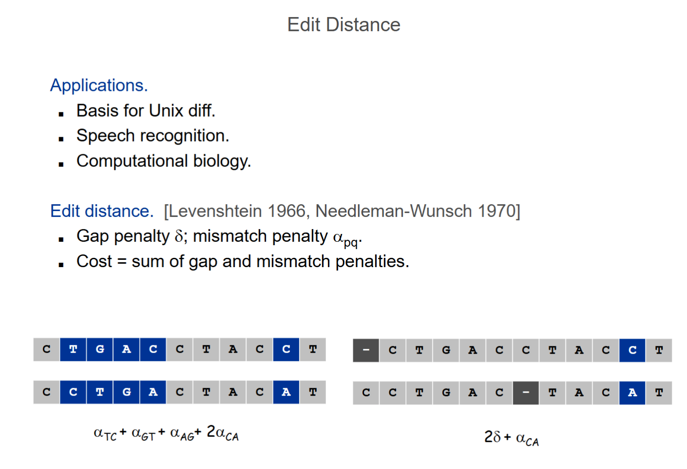 <p>Measures the similarity between two strings</p><p>Uses two penalties:</p><ul><li><p>Gap penalty δ</p></li><li><p>Mismatch penalty α_pq</p><ul><li><p>p = char from first string</p></li><li><p>q = char from second string</p></li><li><p>penalty for aligned p WITH q</p></li></ul></li></ul><p>Cost = gap penalty + mismatch penalty</p><p>Goal: find alignment with the minimum total cost</p>