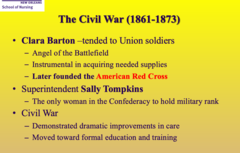 <p>- Founded the American Red Cross</p><p>- known as the Angel of the Battlefield</p><p>- took care of Union soldiers during the Civil War</p>