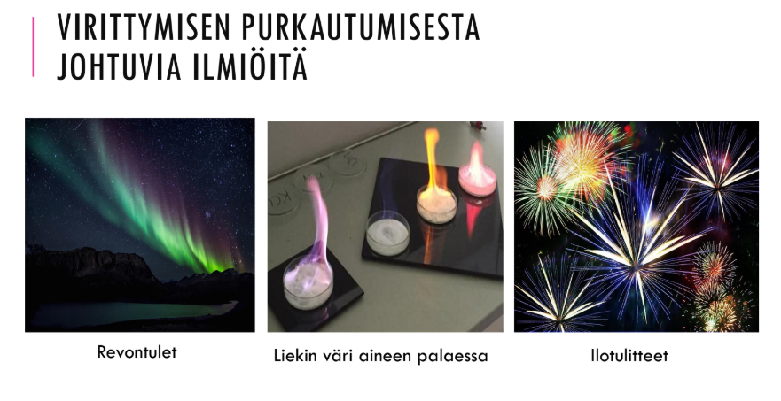 <p>elektroni absorboi energiaa ja siirtyy korkeammalle energiatilalle , VOIDAAN TEHÄ SÄHKÖL VALOL tai lämmöl, se atomi emittöi eli säteilee absormoinsa energia viritystilassa esim väreinä </p>