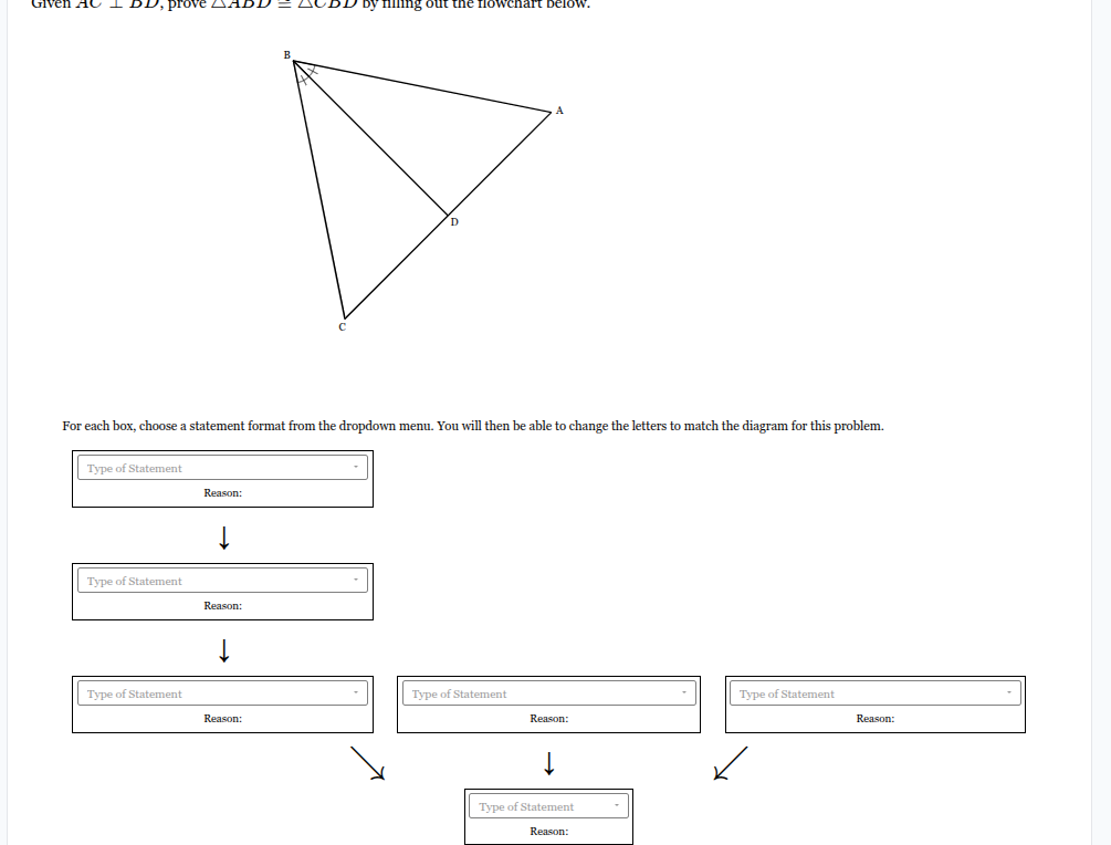 <p>Given <span style="font-family: KaTeX_Main, "Times New Roman", serif; line-height: 1.2; font-size: 1.21em;"><em>AC</em>⊥<em>BD</em></span>, prove <span style="font-family: KaTeX_Main, "Times New Roman", serif; line-height: 1.2; font-size: 1.21em;">△<em>ABD</em>≅△<em>CBD</em></span> by filling out the flowchart below.</p>