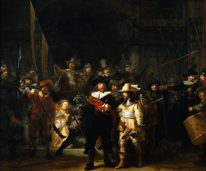 <p><span style="background-color: transparent;"><strong>The Night Watch</strong>, The Militia Company of Captain Frans Banning Cocq, <em>Rembrandt</em>, (Protestant Baroque)</span></p>