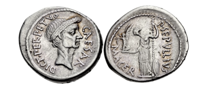 <p>A coin depicting Julius Caesar. Previously, no living man had been allowed to be depicted on a coin, but Caesar broke precedence by doing so. He declared himself “dictator for life” even when this position was meant to only be for 6 months (or 10 years in some extreme cases)</p>