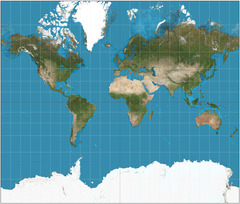 <p>a projection of a map of the world onto a cylinder in such a way that all the parallels of latitude have the same length as the equator, used especially for marine charts and certain climatological maps.</p>